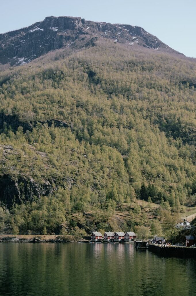 Small houses beside calm water beneath steep green mountains in Flåm, Norway.