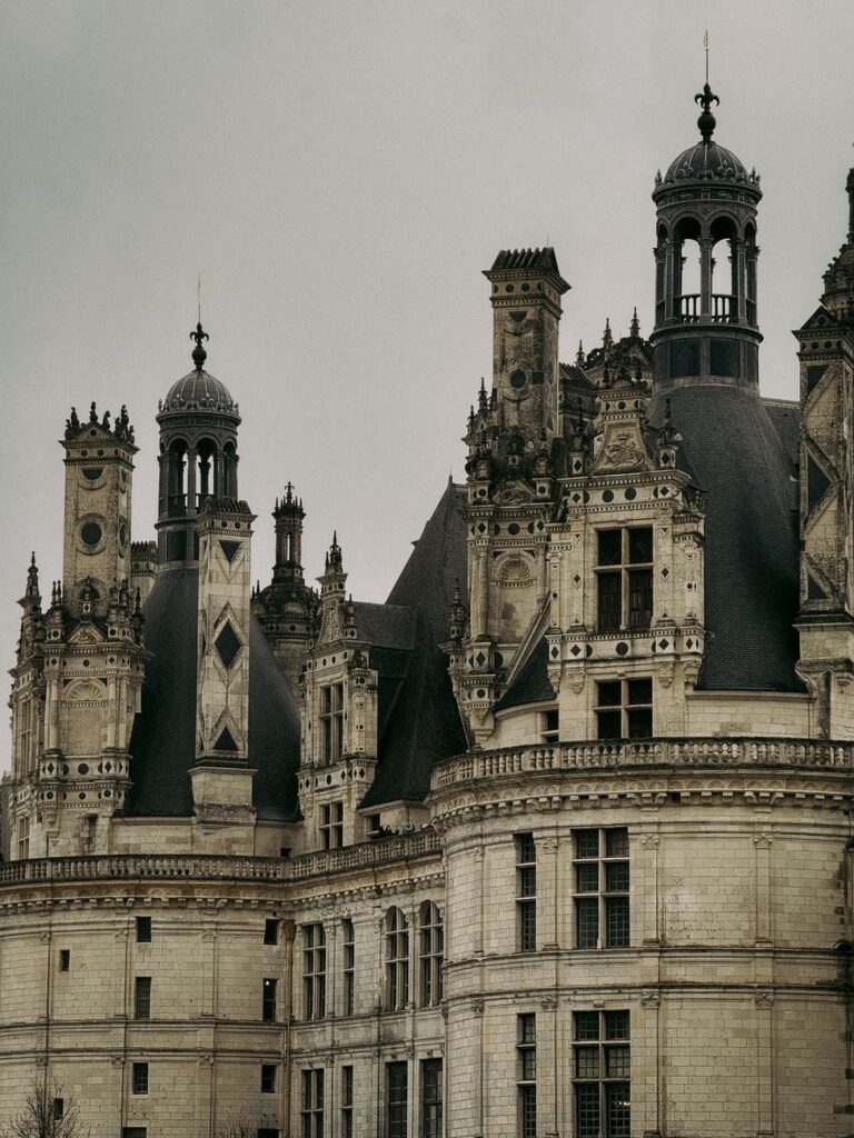 Ornate pale stone façade and roof towers of Château de Chambord in the Loire Valley.