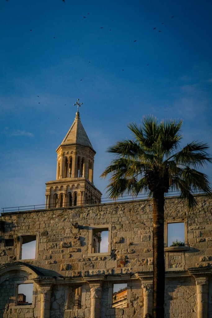 Stone walls and the bell tower of Saint Domnius rising above the historic centre of Split, Croatia.