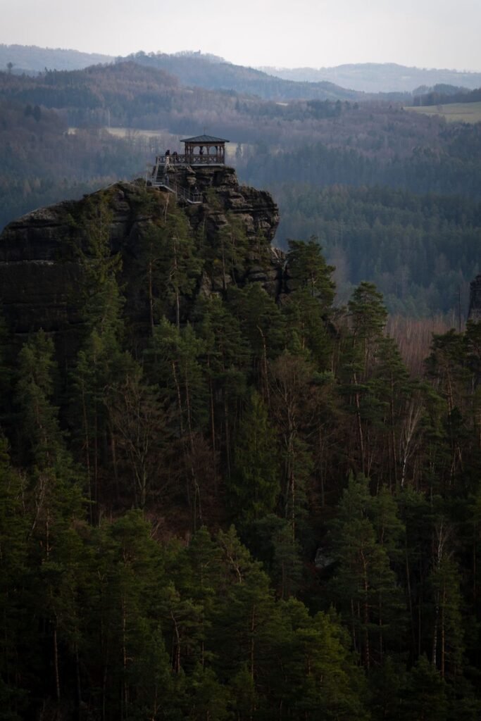 Layered sandstone rock formations and forest around Jetrichovice in the Czech landscape.