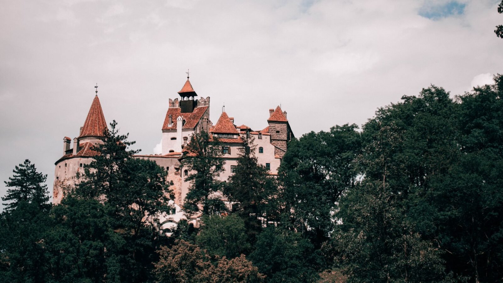 Bran Castle rising above trees in Bran, Romania.
