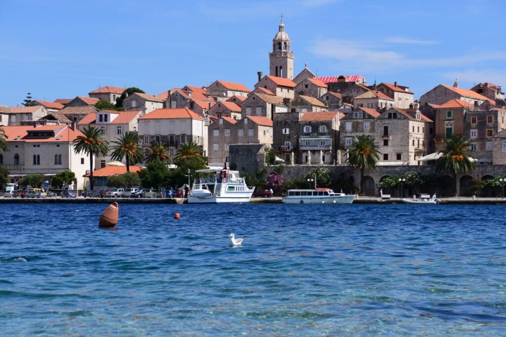 Stone buildings and waterfront on Korčula island in Croatia.