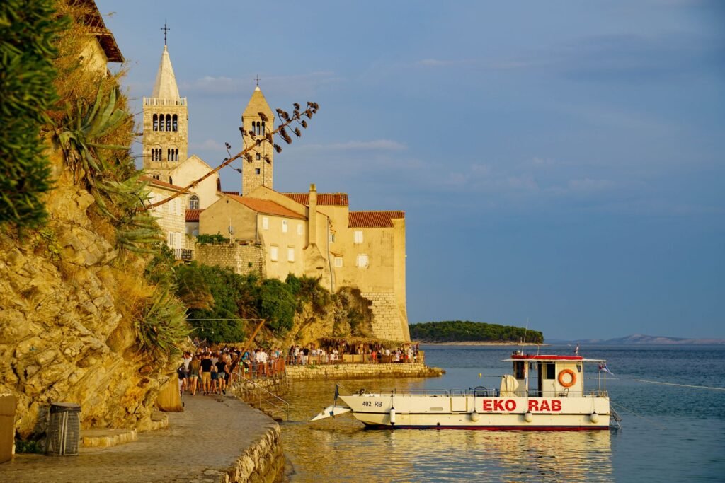 Passenger and vehicle ferry docked at Rab island in Croatia.