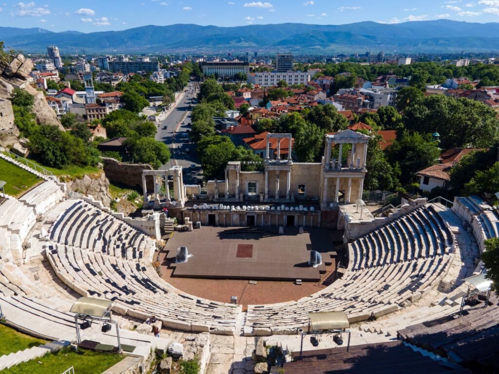 Stone seating and stage of the Ancient Theatre of Philippopolis in Plovdiv, Bulgaria.