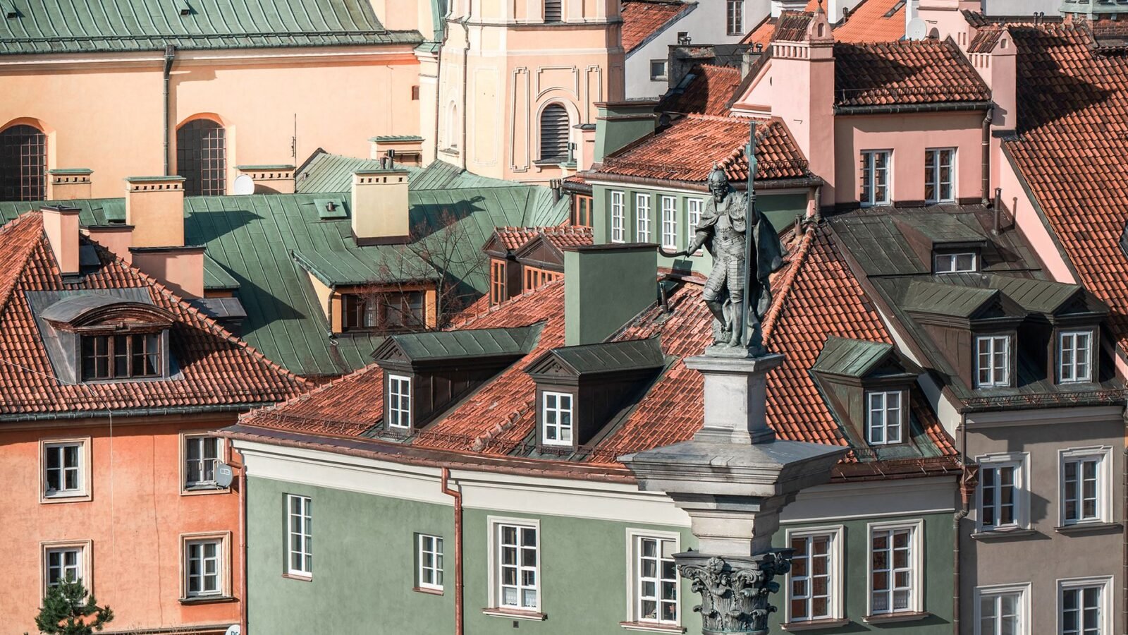 Colourful reconstructed buildings and square in Warsaw Old Town, Poland.